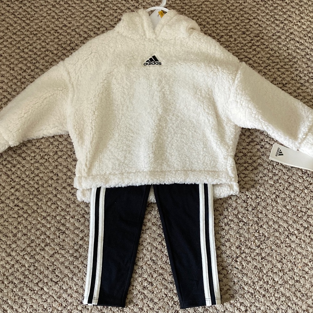 Adidas Kids White Fleece Hoodie and Black Joggers Set